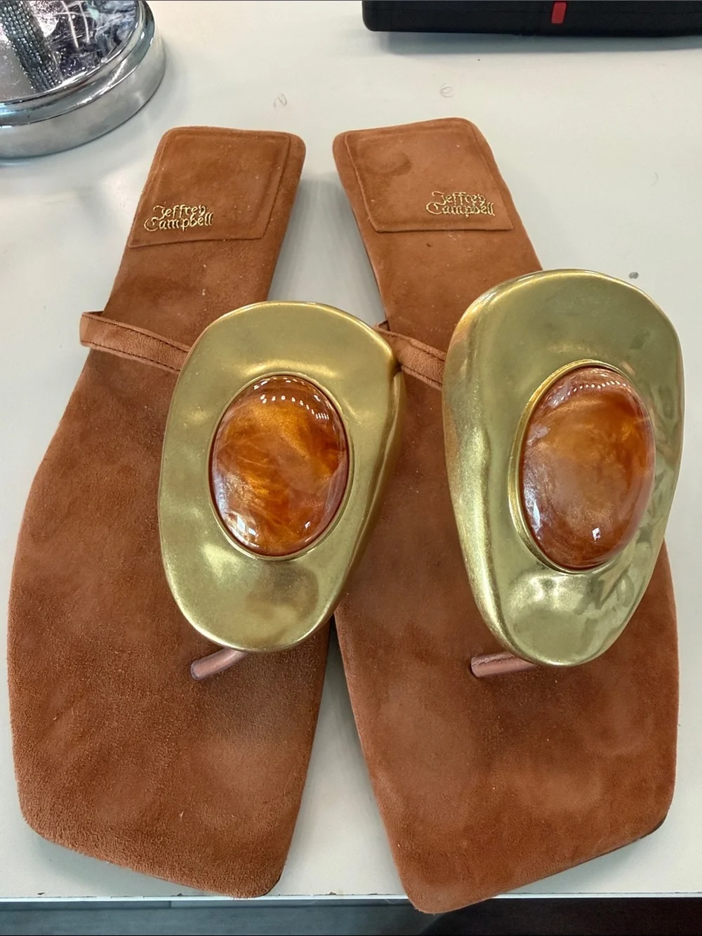 New! Jeffrey Campbell Brown Suede Slides with Gold Medallions and Amber Stones
